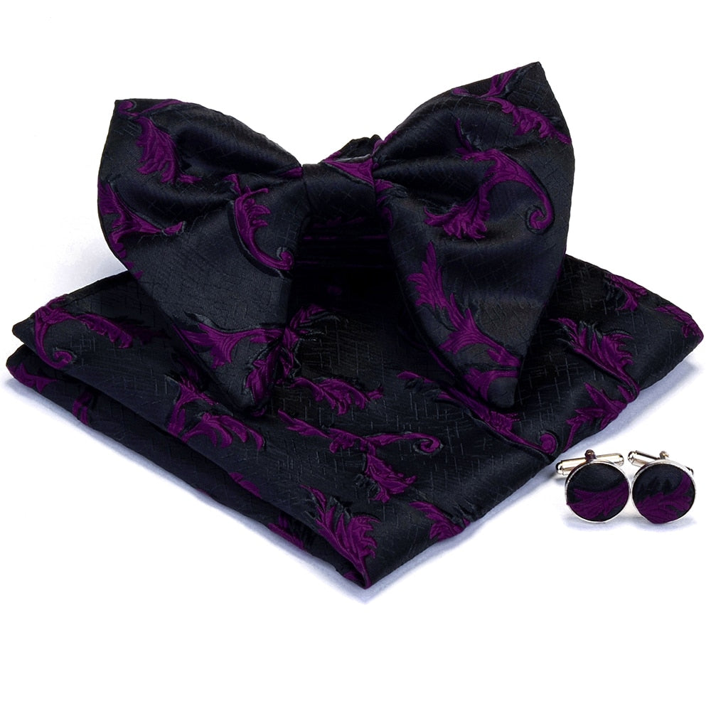 Deep Purple and Black Silk Butterfly Bowtie Set