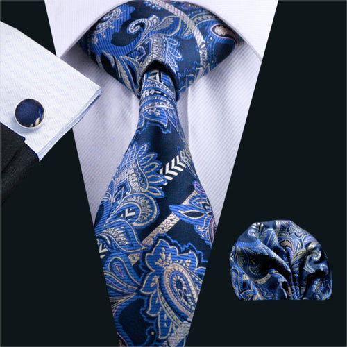 Royal Blue Striped Paisley Tie Set