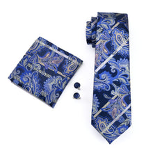 Load image into Gallery viewer, Royal Blue Striped Paisley Tie Set