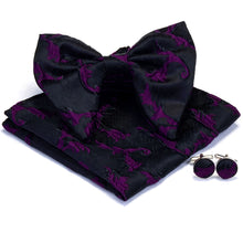 Load image into Gallery viewer, Deep Purple and Black Silk Butterfly Bowtie Set