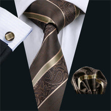 Load image into Gallery viewer, Brown and Gold Striped Paisley Tie Set