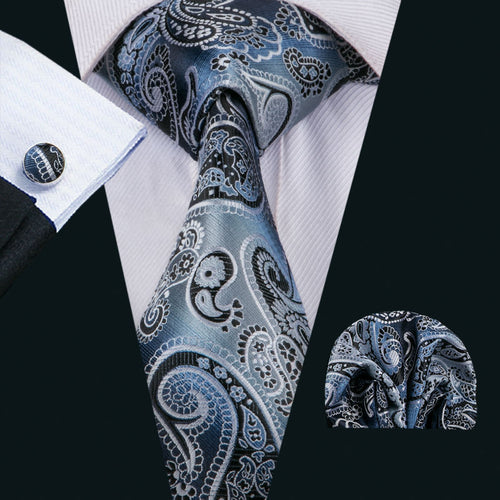 Blue Silver Paisley Tie Set