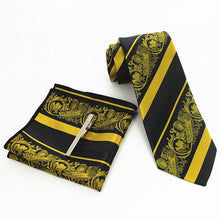 Load image into Gallery viewer, Black and Gold Striped Tie Set
